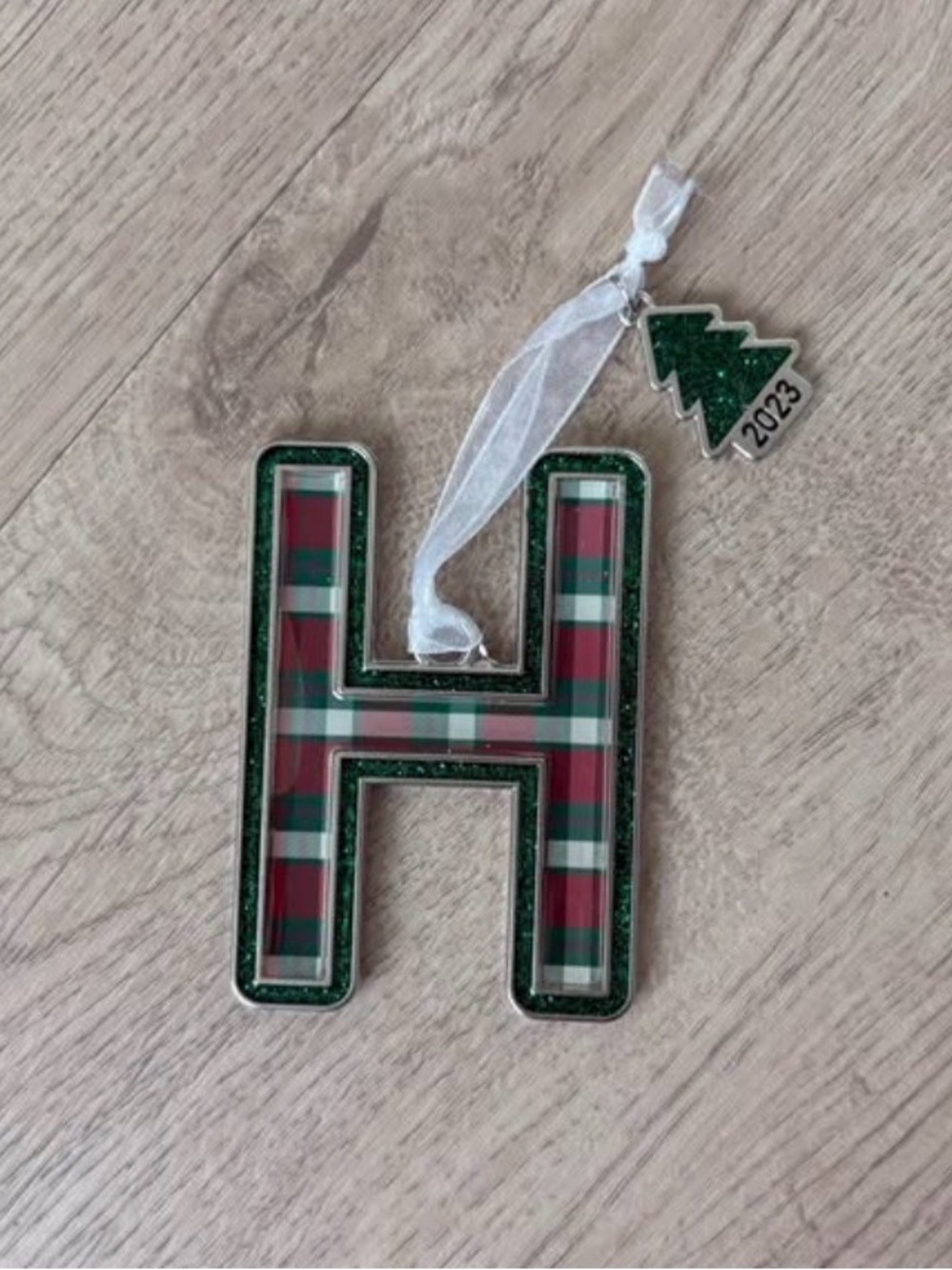Holiday Plaid 'H' Ornament with Green Glitter Trim - 2023